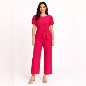 Calvin Klein Pink Puff Sleeve Belted Wide Leg Jumpsuit | Barbiecore Corpcore 20W